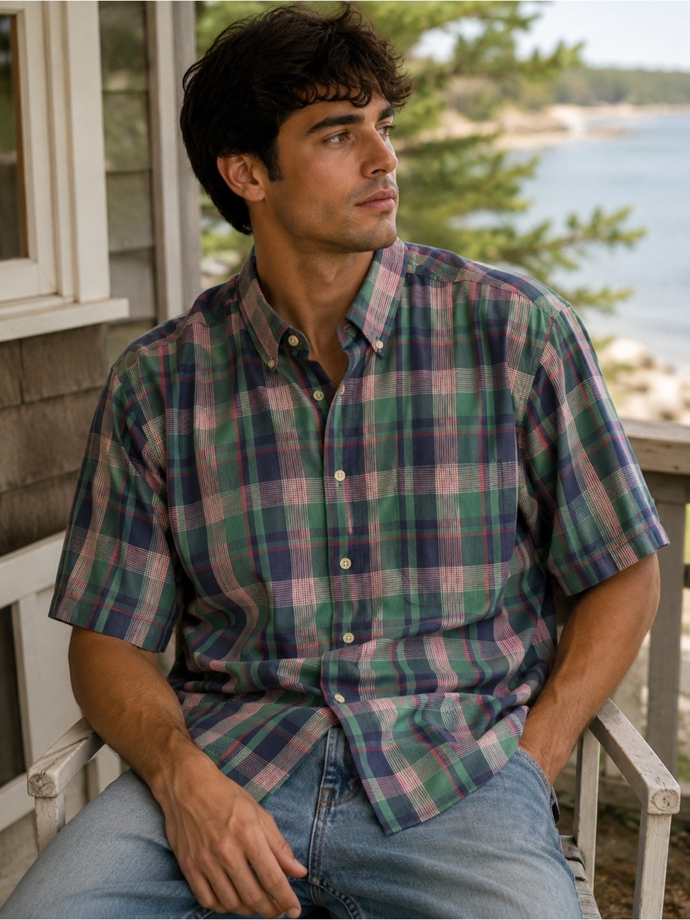 David Taylor Plaid Short Sleeve Button-Down Shirt - Green/Navy/Pink